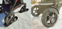 Skis on stroller as well as grippy wheel covers on a wheel